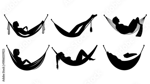Silhouettes of people relaxing in hammocks, various poses and compositions in black on a white background
