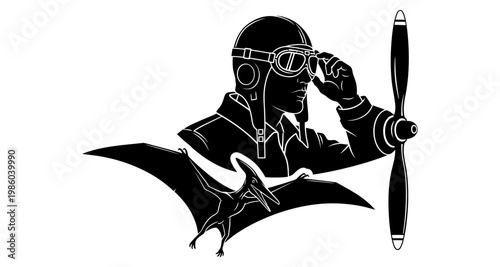 Aviator adjusting goggles with propeller and pterodactyl in silhouette