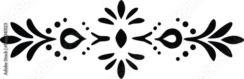 Stylized black botanical divider with abstract central element for modern graphic layouts