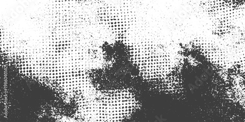 Abstract Black and White Grunge Texture with Halftone Dots and Distressed Splatter Effect