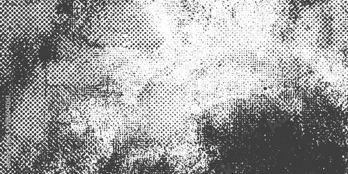 Abstract Black and White Halftone Grunge Texture Vector with Distressed Ink Splatters and Crosshatch Pattern Background