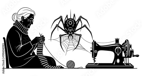 Elderly woman knitting with a mechanical spider and sewing machine in silhouette
