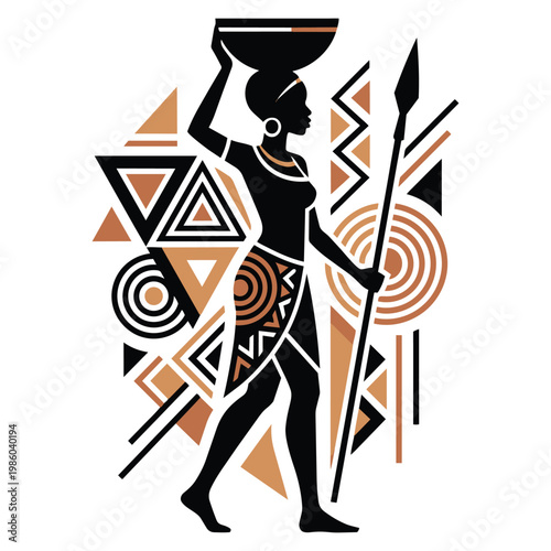 African woman carrying bowl and spear.