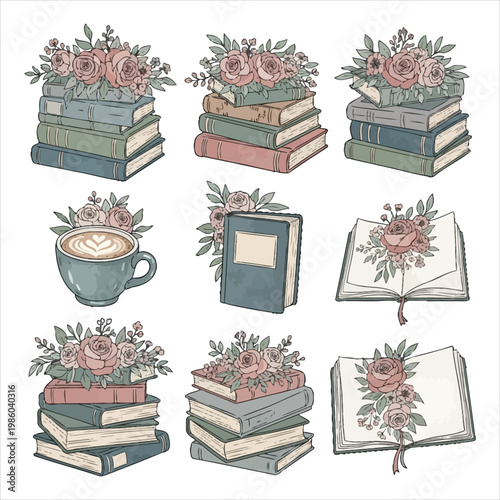 Collection of vintage dark academia aesthetic illustrations featuring stacked books with roses and cozy coffee cups for literary themes
