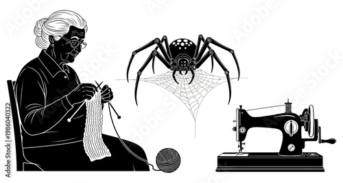 Elderly woman knitting with spider and sewing machine silhouette against white background