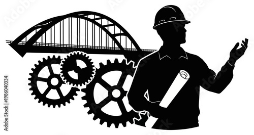 Engineer silhouette with blueprint and bridge gears during construction planning