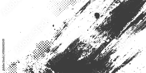 Abstract Grunge Vector Background with Black Paint Brush Strokes and Halftone Dots on White