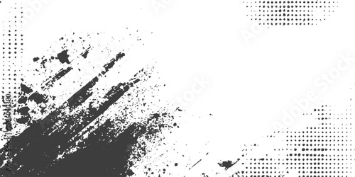 Abstract Black and White Grunge Texture Background with Halftone Patterns and Paint Splatters