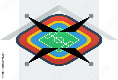 High angle isometric view of colorful grand soccer stadium with green grass sports pitch Illustration