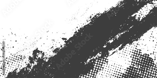 Black and White Abstract Grunge Brush Stroke Background with Halftone and Splatter Textures