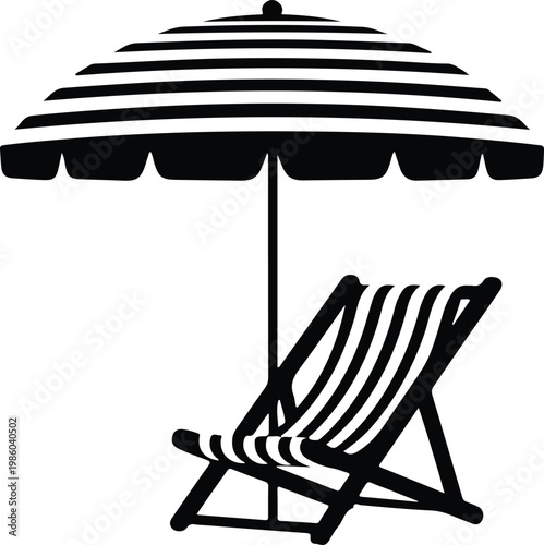 Black and white silhouette of a striped beach umbrella and a striped deck chair on a white background.