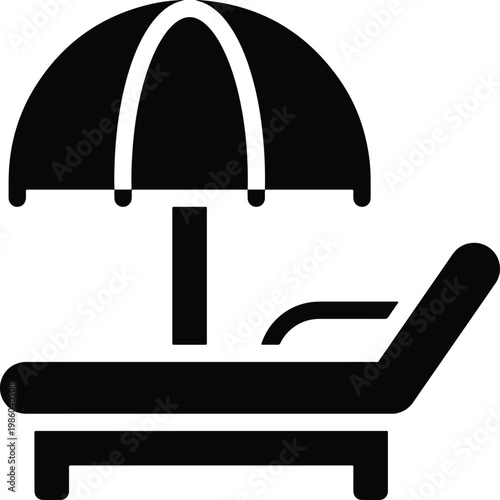 Black and white minimalist icon of a sun lounger under a beach umbrella for summer vacation