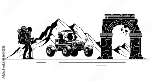 Explorer with rover and ancient ruins against mountainous backdrop in silhouette