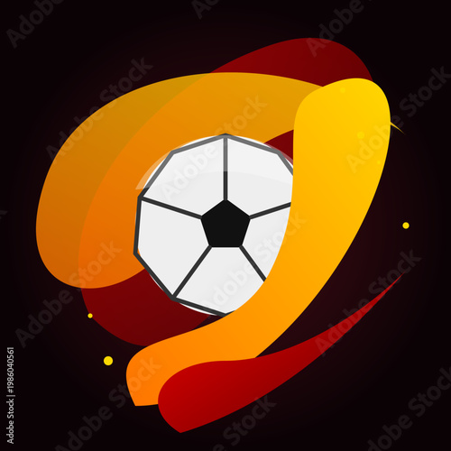 Stylized soccer ball surrounded by dynamic orange red flaming speed trails against dark black background Illustration