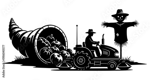Farmer driving tractor with cornucopia of pumpkins during harvest season silhouette