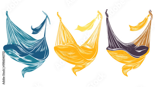 Stylized illustrations of three hammocks in various colors, each hanging from a single point