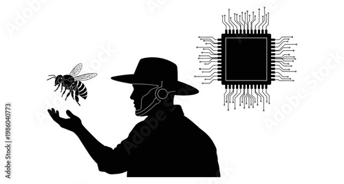 Farmer silhouette with bee and microchip against white background concept