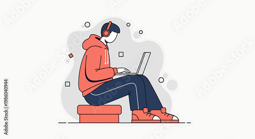 Young person wearing headphones and hoodie using laptop computer.