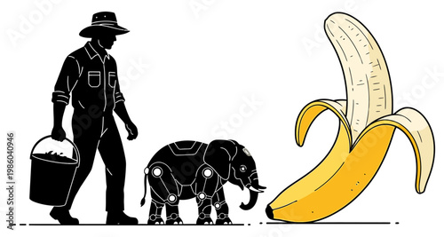 Farmer with robot elephant approaching giant banana silhouette during morning light