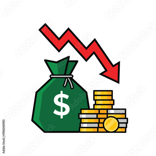 A green money bag with a downward trend arrow and gold coins illustrates financial decline.