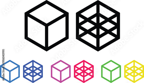 Comparison of solid and wireframe cubes with different color outlines