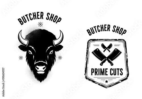 Butcher Shop Logo Designs with Bull and Meat Cuts