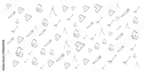  Seamless hand drawn gardening tools pattern on white background, minimal monochrome garden equipment repeat illustration, outline doodle workshop surface design