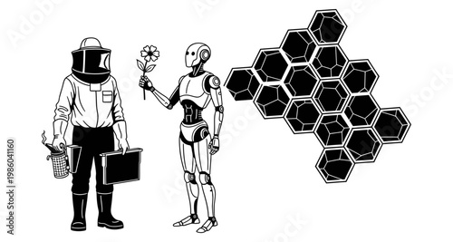 Beekeeper and robot exchange flower against honeycomb silhouette