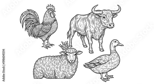 A black and white illustration of farm animals with a crowned sheep
