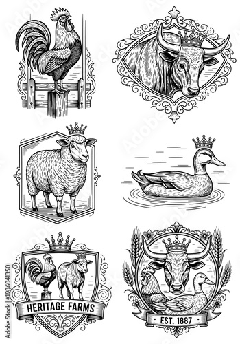 Vintage Farm Animal Logos and Shields with Royal Crowns