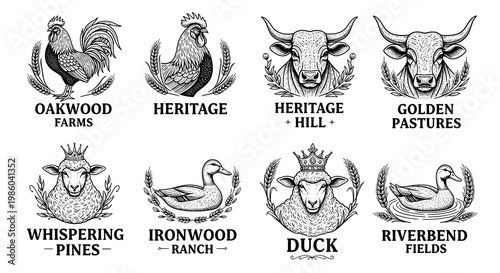 Farm and Ranch Logos with Animal Illustrations Collection