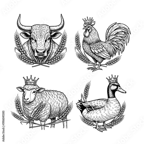 A black and white illustration of farm animals with crowns
