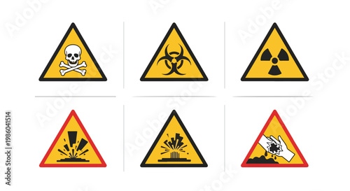 Collection of six hazard warning symbols including poison, biohazard, radiation, explosion, and corrosive materials