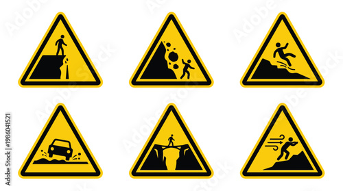 Collection of six yellow warning signs depicting various safety hazards and dangerous situations for public awareness