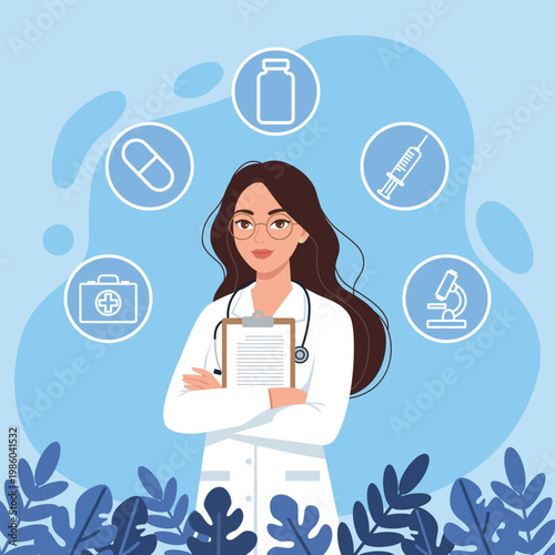 Professional female doctor holding clipboard with healthcare and medical icons including medicine, syringe, microscope, and first aid kit