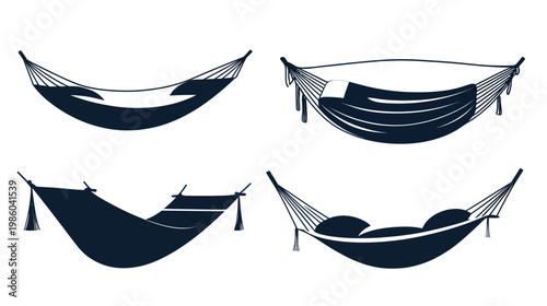 Four silhouettes of hammocks in navy, depicting relaxation and leisure activities