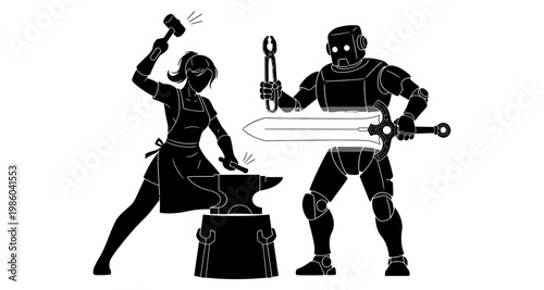 Blacksmith and robot forging sword against white background silhouette