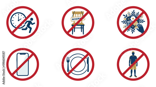 Collection of six prohibition signs indicating restrictions on time, seating, flowers, mobile phones, eating