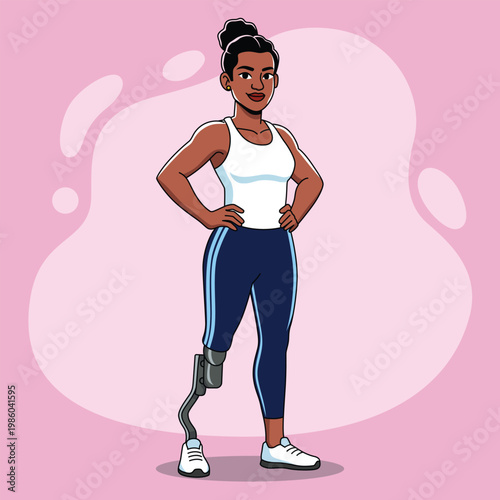 Confident Female Athlete with Prosthetic Leg Standing Strong Cartoon Vector Illustration