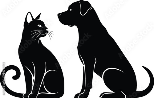 Cat and Dog Silhouette Vector Illustration with Domestic Pets Sitting Together for Animal Design, Veterinary Concepts, Pet Care Branding and Minimal Black Graphic Style