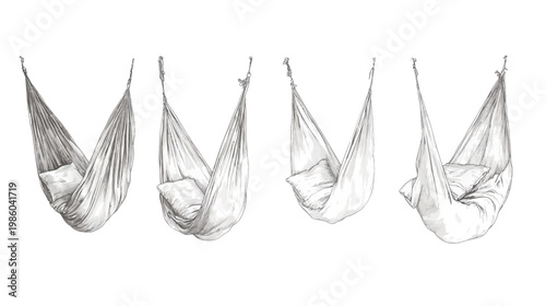 Monochrome illustration features four hanging fabric hammocks with pillows. Each is detailed with shading