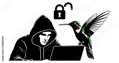 Hacker silhouette using laptop with hummingbird and unlock icon during digital crime concept