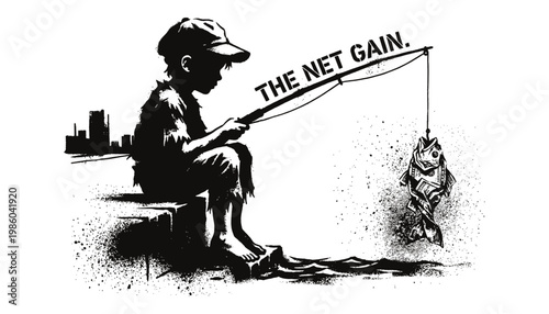 Stencil art of a young boy fishing for currency representing financial growth and social issues