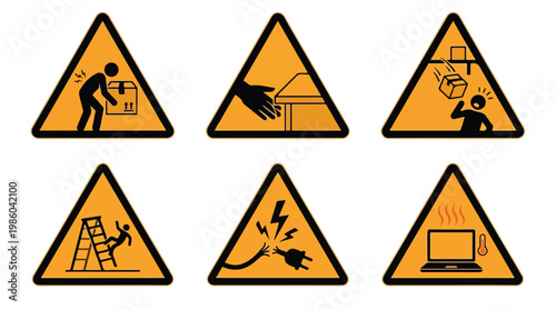 Collection of six yellow triangular warning signs depicting safety hazards in the workplace and at home