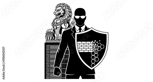 Business security guard silhouette with shield against ancient lion statue and data server
