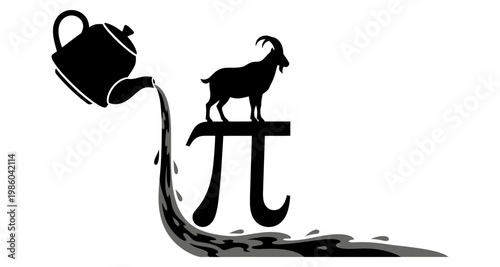 Goat silhouette atop pi symbol with liquid pouring from teapot against white background