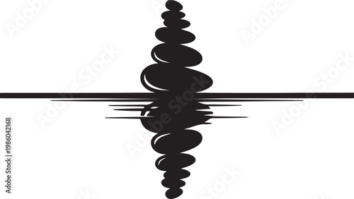 A black and white illustration of a zen stone stack reflected in calm water, symbolizing balance, peace, mindfulness, and meditation.