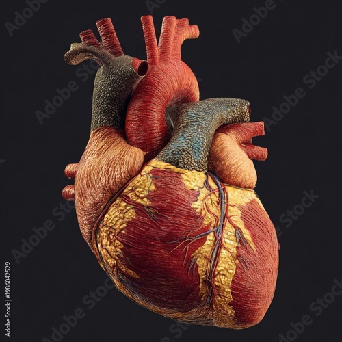 Detailed 3D render of human heart anatomy, educational healthcare visual