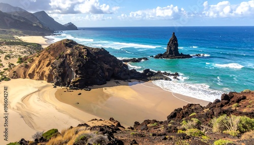 A serene beach with a sandy shore, rugged rocks, and a vast ocean