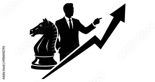 Businessman pointing at upward arrow graph with chess knight silhouette against white background